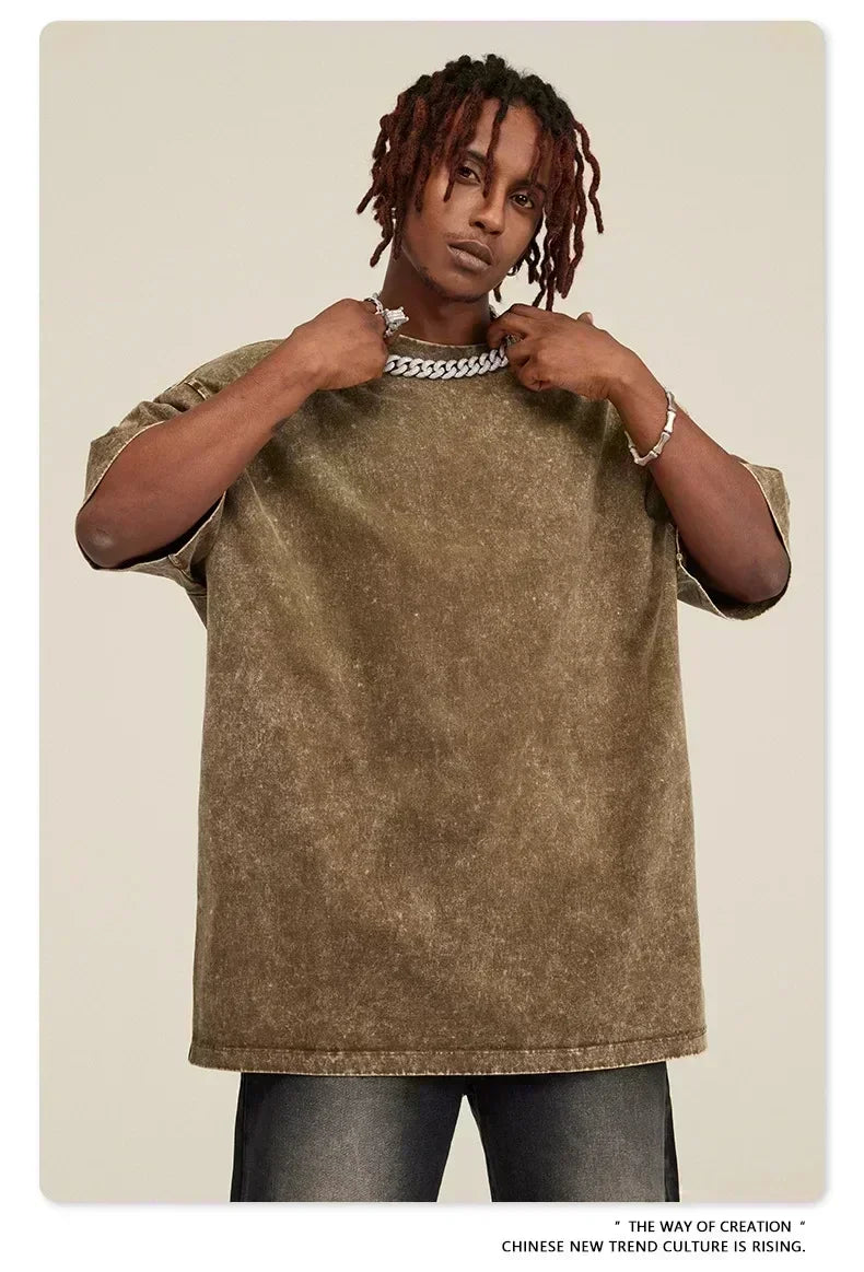 American Hip Hop Men's 100% Cotton Washed Street Style T-Shirt Summer New Retro Fashion Men's and Women's Streetwear