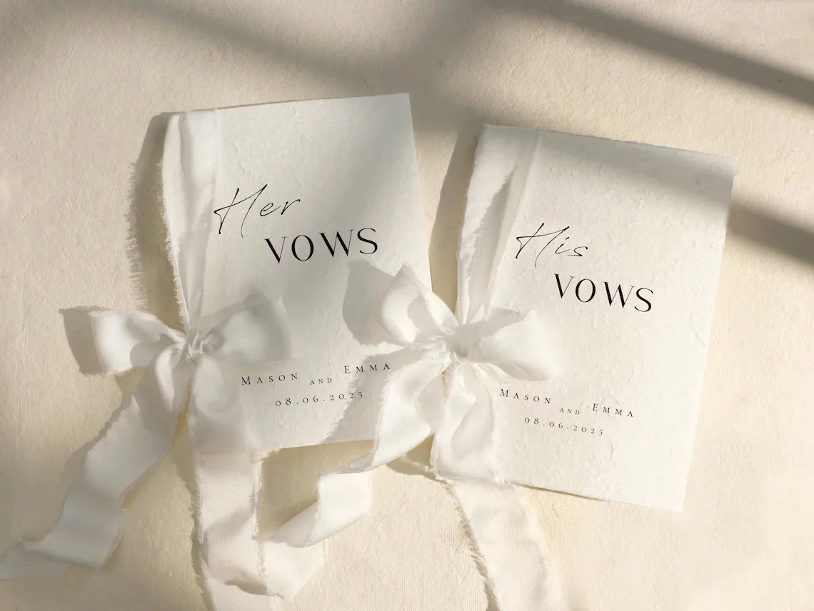 Customizable Wedding Vow Journals for Couples, Handmade Cotton Paper Vow Books with Silk Ribbon Tie, Personalized His Hers Vow N