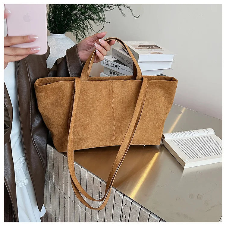 Large Capacity Tote Women Bag Retro Faux Suede Shoulder Bag Quitting Designer Bags for Women Handbag Commuting Shopper Purses