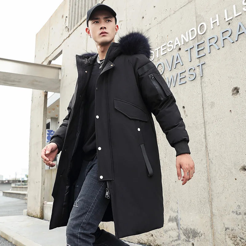 New Winter Down Jacket Men's Couple Fashion Big Fur Collar Medium and Long Youth Pie To Overcome Warmth and Thickening Tide