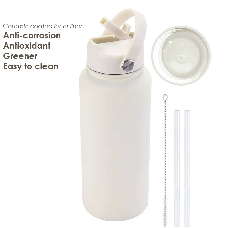 1000ML Water Bottle With Straw Lid Vacuum Insulated FlaskThermos Tumbler Ceramic Anti-Corrosion Coating Custom Gifts