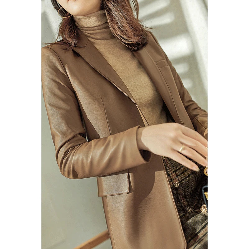 Natural Sheepskin Coat Blazer Mujer Single Button Suit Collar Chic and Elegant Woman Jacket Slim Camel Real Leather Topscoat