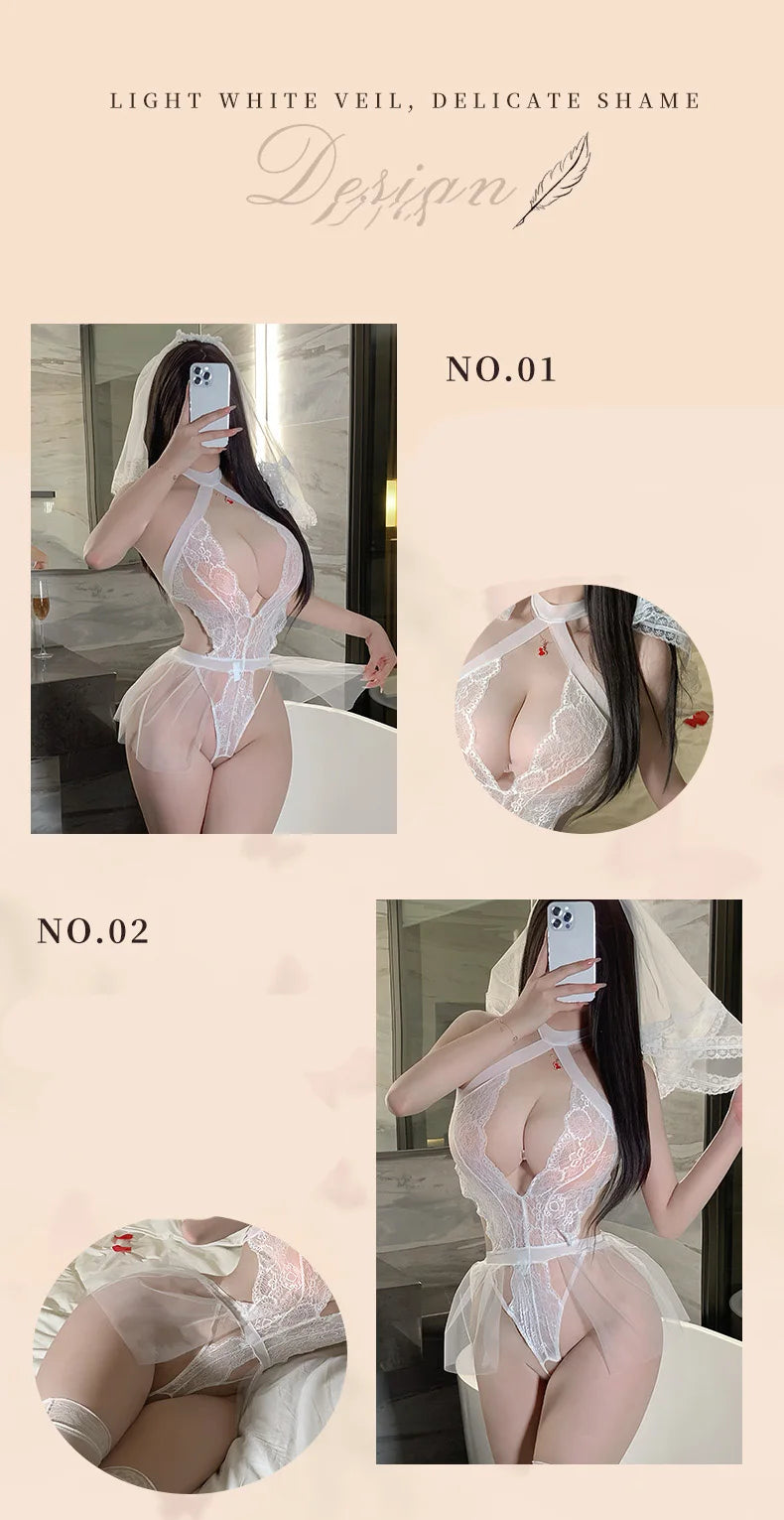 Lingerie Wedding dress lingerie uniform pure desire no need to take off pajamas sexy transparent mesh set sexy women's costume