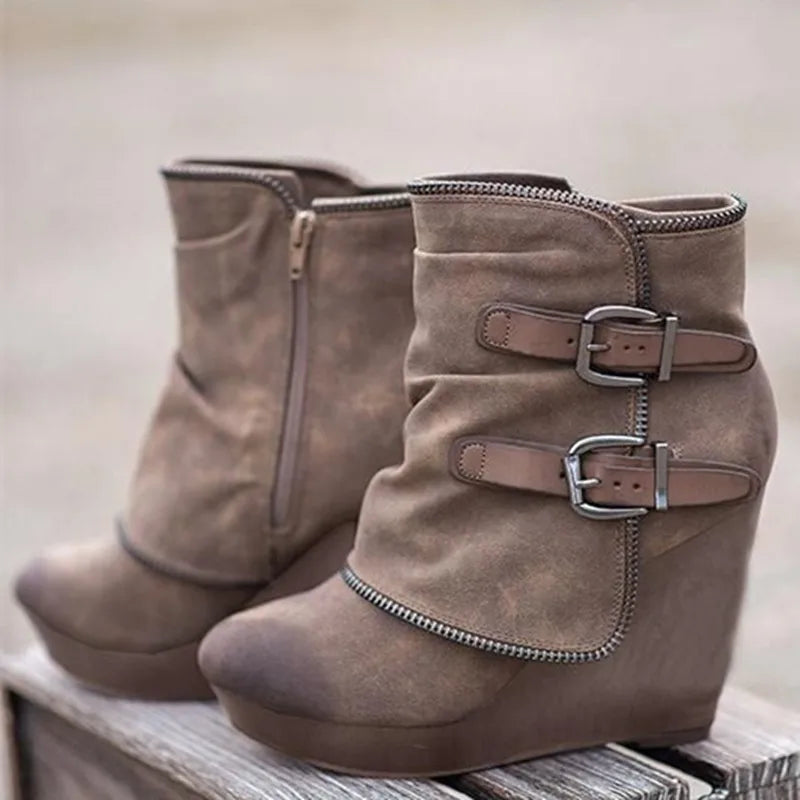 2025 Modern High-heel Boots for Women Ankle Wedges Suede Ladies Shoes Splicing Fake Zip Belt Buckle Height Increasing Daily Wear