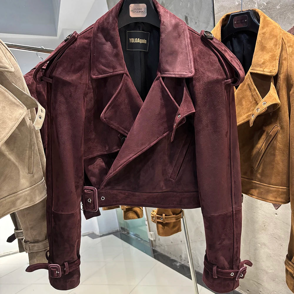 YOLOAgain Burgundy Suede Jacket Women Genuine Sheepskin Leather Jacket Coat