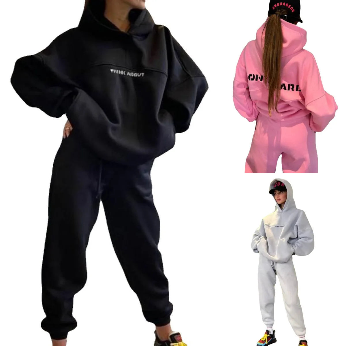Two Piece Drawstring Set Long Sleeved Letter Print Hoodies Loose Sweatshirt Jogging Pants Outfits Autumn Women Sports Hooded