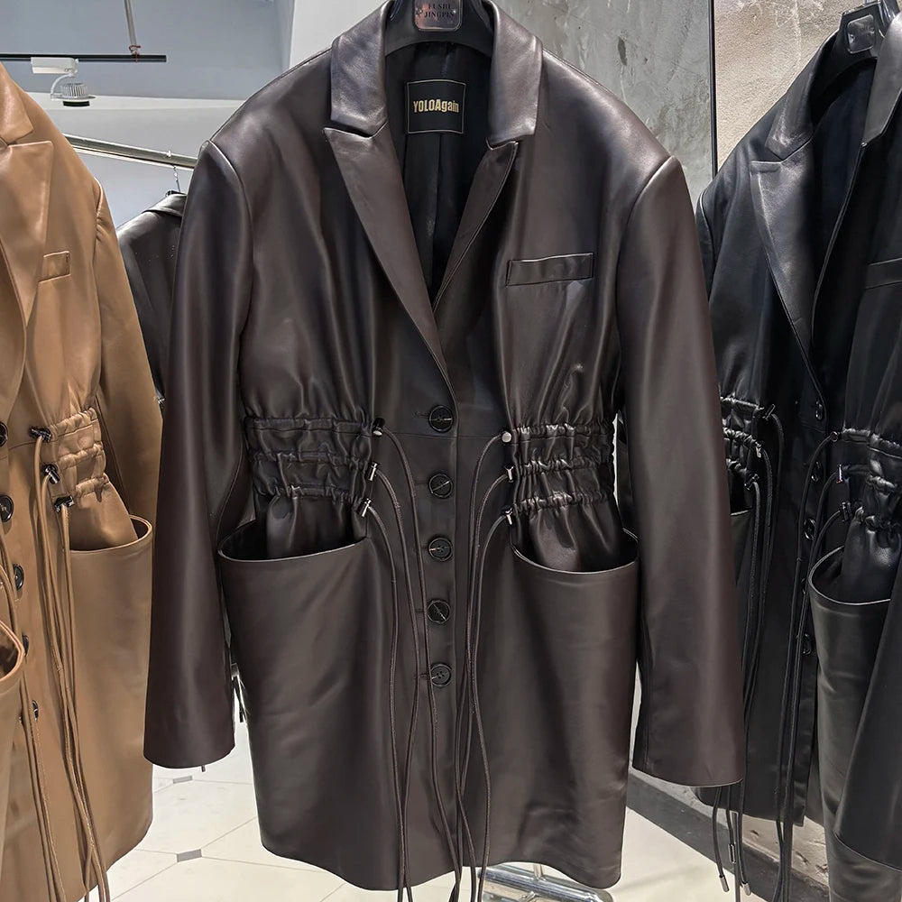 YOLOAgain Women's Leather Jacket Genuine Sheepskin Coat Single Breasted