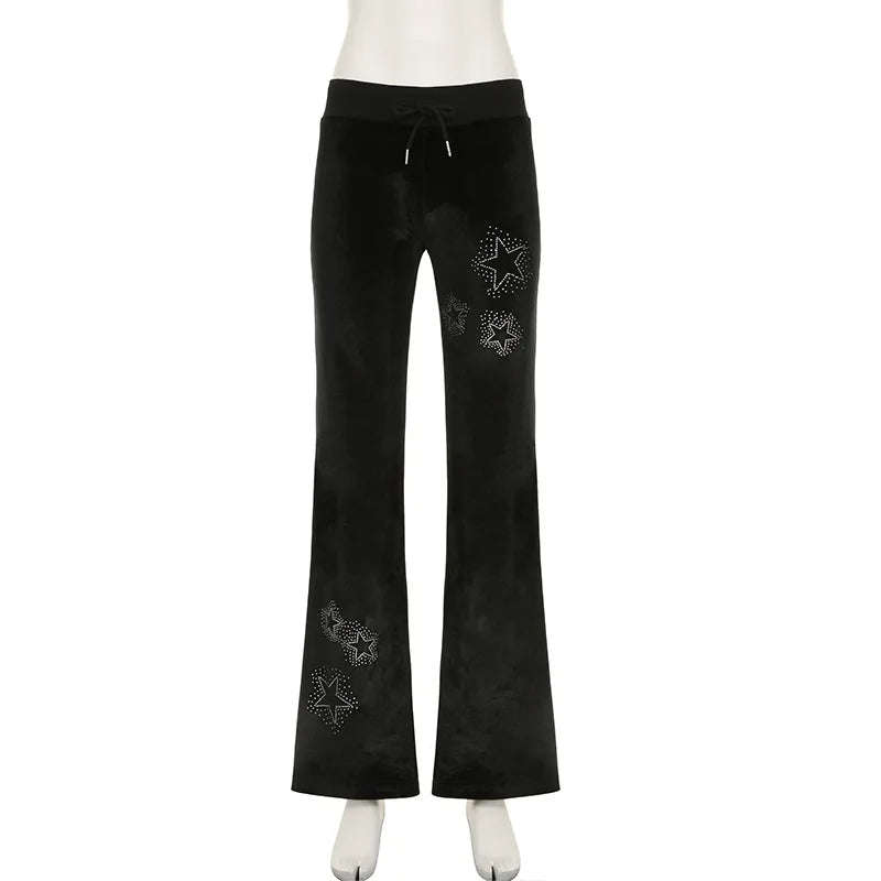 AltGoth Y2k Streetwear Gothic Velvet Pants Women Dark Cyber Punk Harajuku Grunge Pentagram Printed Low Waist Stright Pants Femme