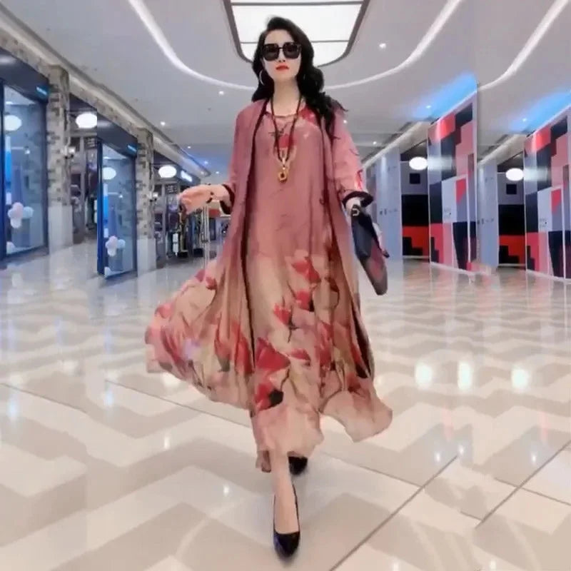 High Atmospheric Elegant Silk Dress Two-piece set 2024 Summer New Westernized Mulberry Silk Large Size Temperament Long Set Skir