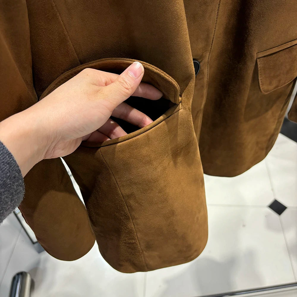 YOLOAgain Single Breasted Oversized Suede Blazer Women Real Leather Jacket Spring 2026