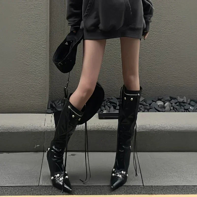New Women Knight High Boots Fashion Tassels Side Zippers Ladies Elegant Pointed Toe Long Booties Women's Footwear