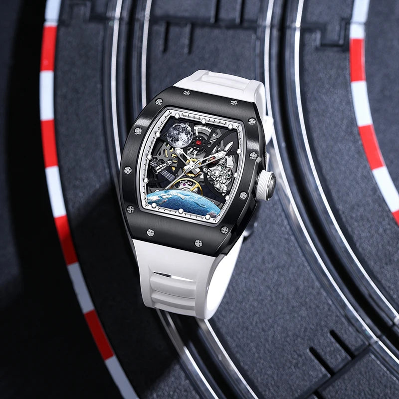 Men's Automatic Watches for Men Fashion Tonneau Mechanical Clock Earth Dial Waterproof Luxury Luminous Skeleton Mens WristWatch