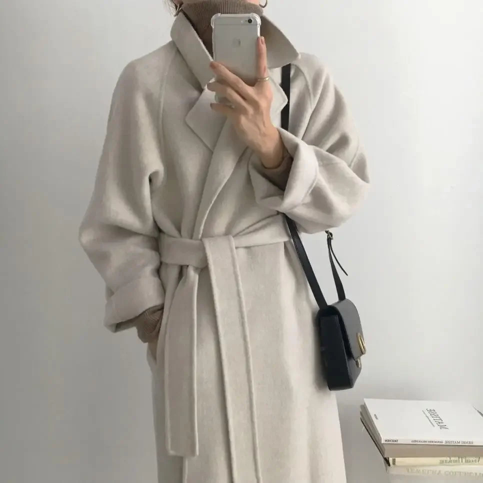 Ele Woolen Coat Women's 2025 Autumn Winter Mid Length Adjustable Waist Thick Casual Long Sve Fashion Wool Coats