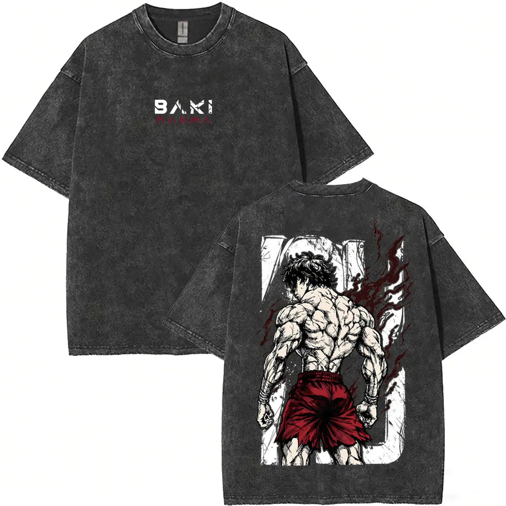Washed Vintage Anime Baki Hanma Wake Up T-shirt Men Women Retro Manga Oversized T-shirts Men's Casual Cotton T Shirts Streetwear