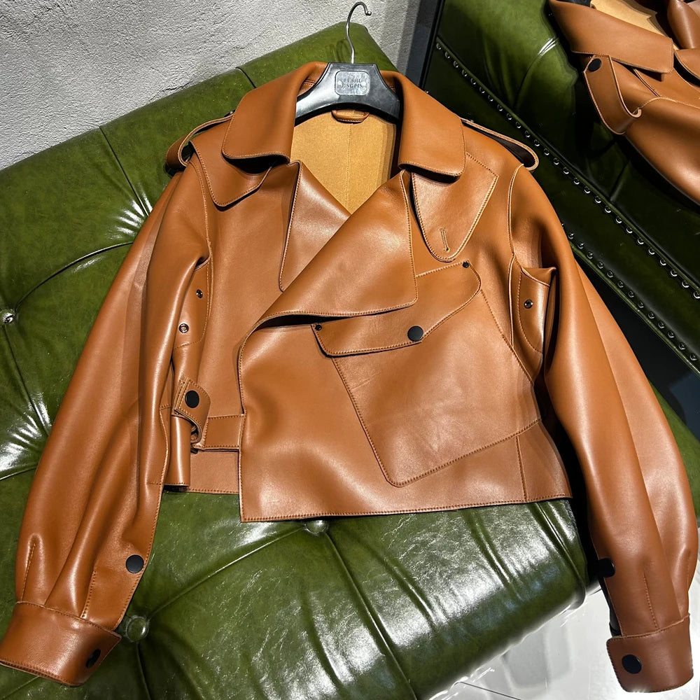 Woman Oversized Blue Leather Jacket Real Sheepskin Leather Coat 2025 New Arrival Jackets