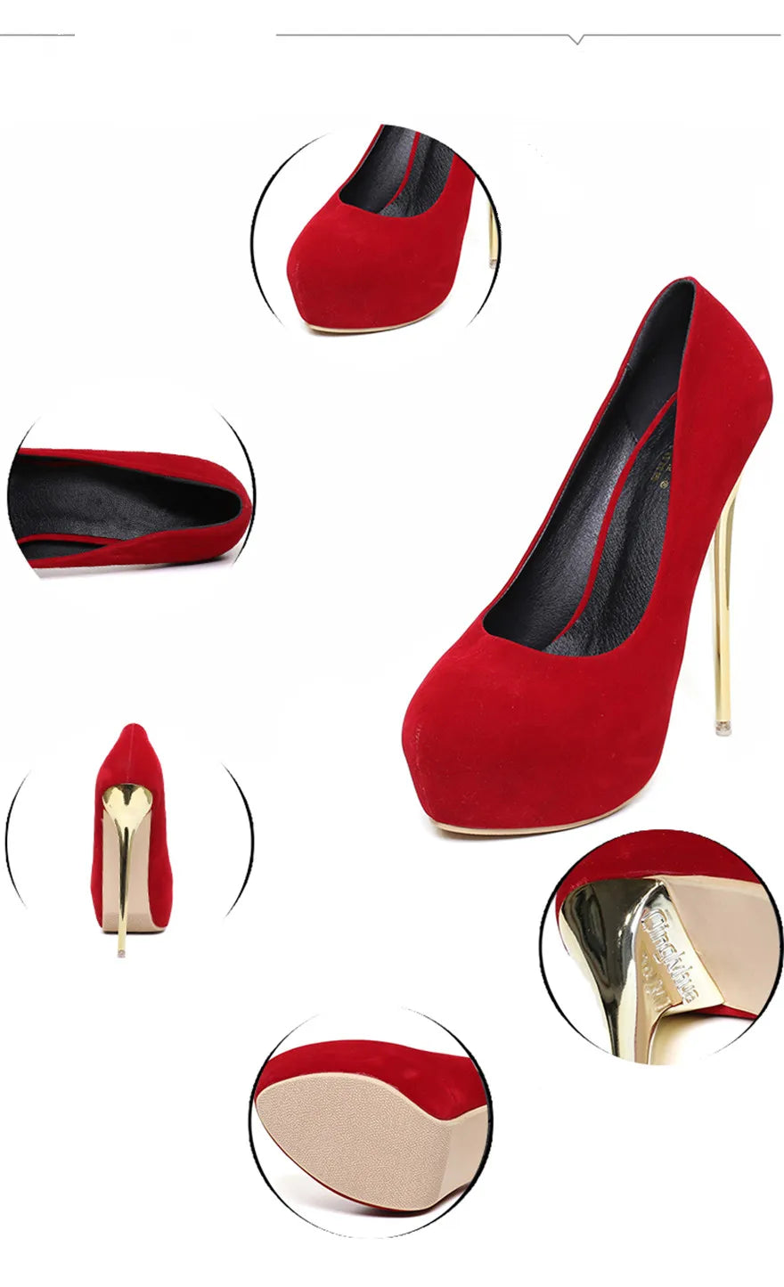 Women Red Wedding Shoes Autumn Fashion Platform Shallow Female Pumps Soft Flock Round Toe Super High Heels Party Shoe Size 41-47