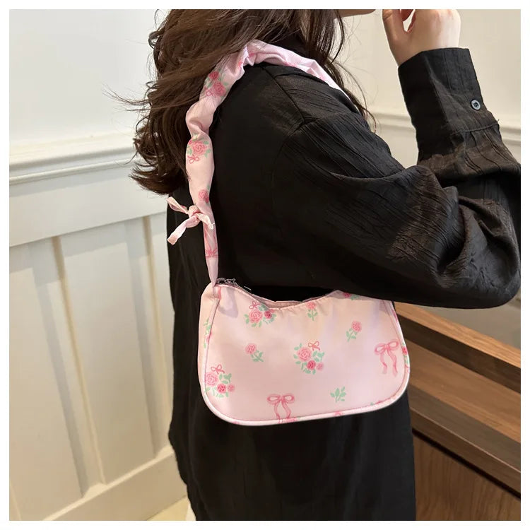 Women's Bags New Sweet Print Canvas Handbags Korean Floral Bow Printed Zipper Tote Bag Female Small Shoulder Bag