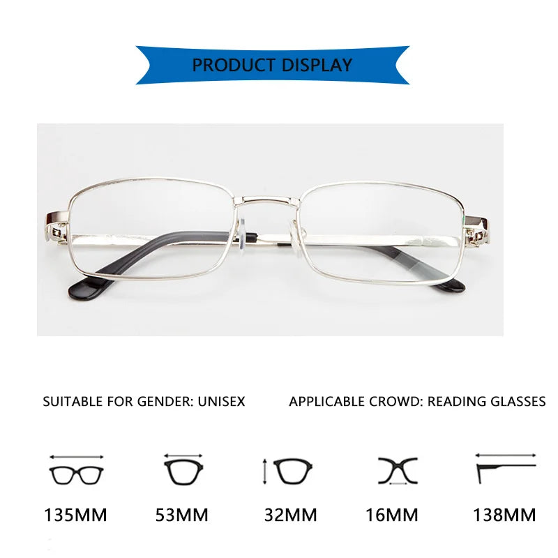 Reading Glasses Men Square Metal Frame Retro Presbyopic Glasses Anti-Scratch Eyeglasses 0 To +4.0 Real Glass Lens Eye Glasses