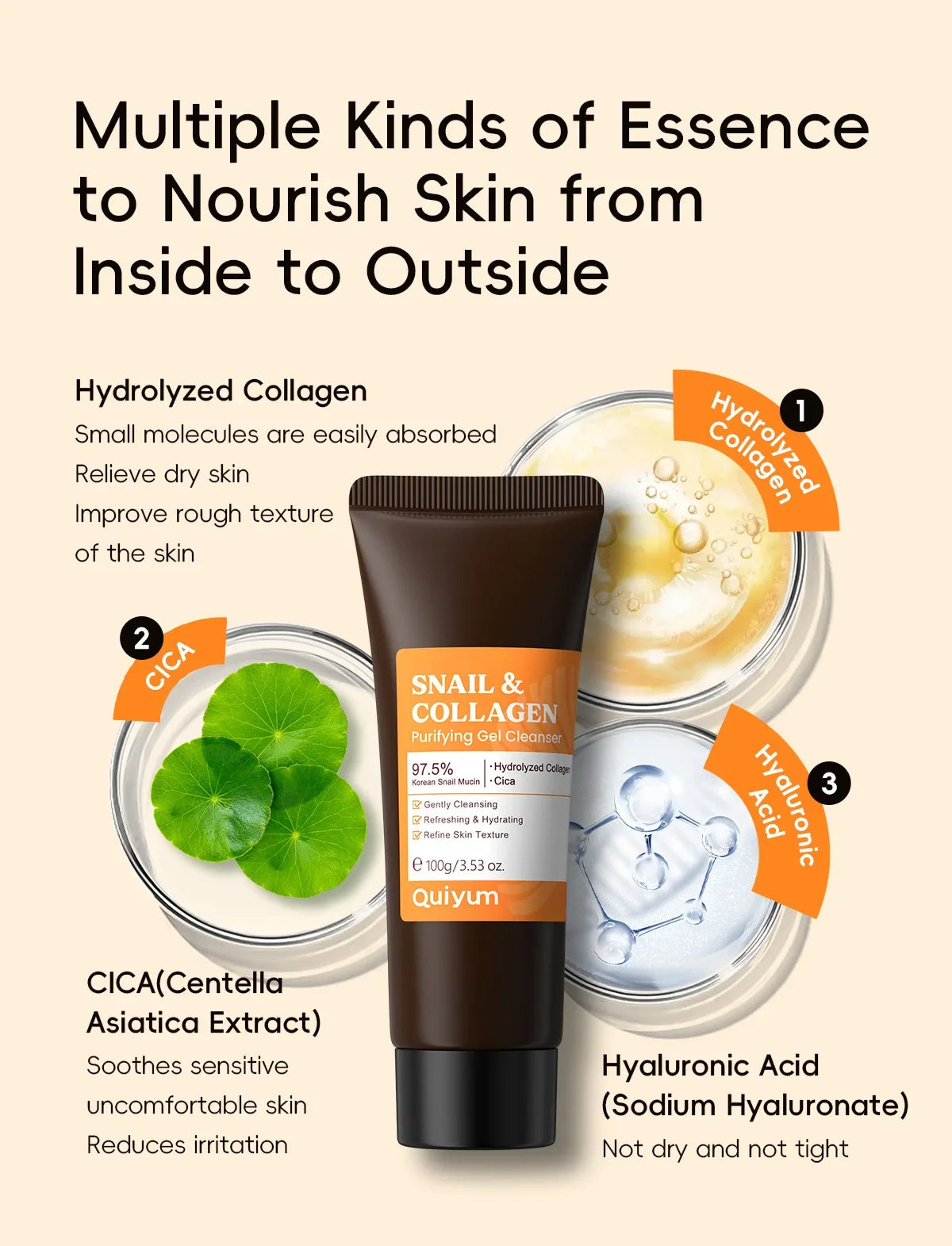 Quiyum 3 Step Set 97.5% Snail Mucin Collagen Hydrating Glowing Skin Korean Skincare