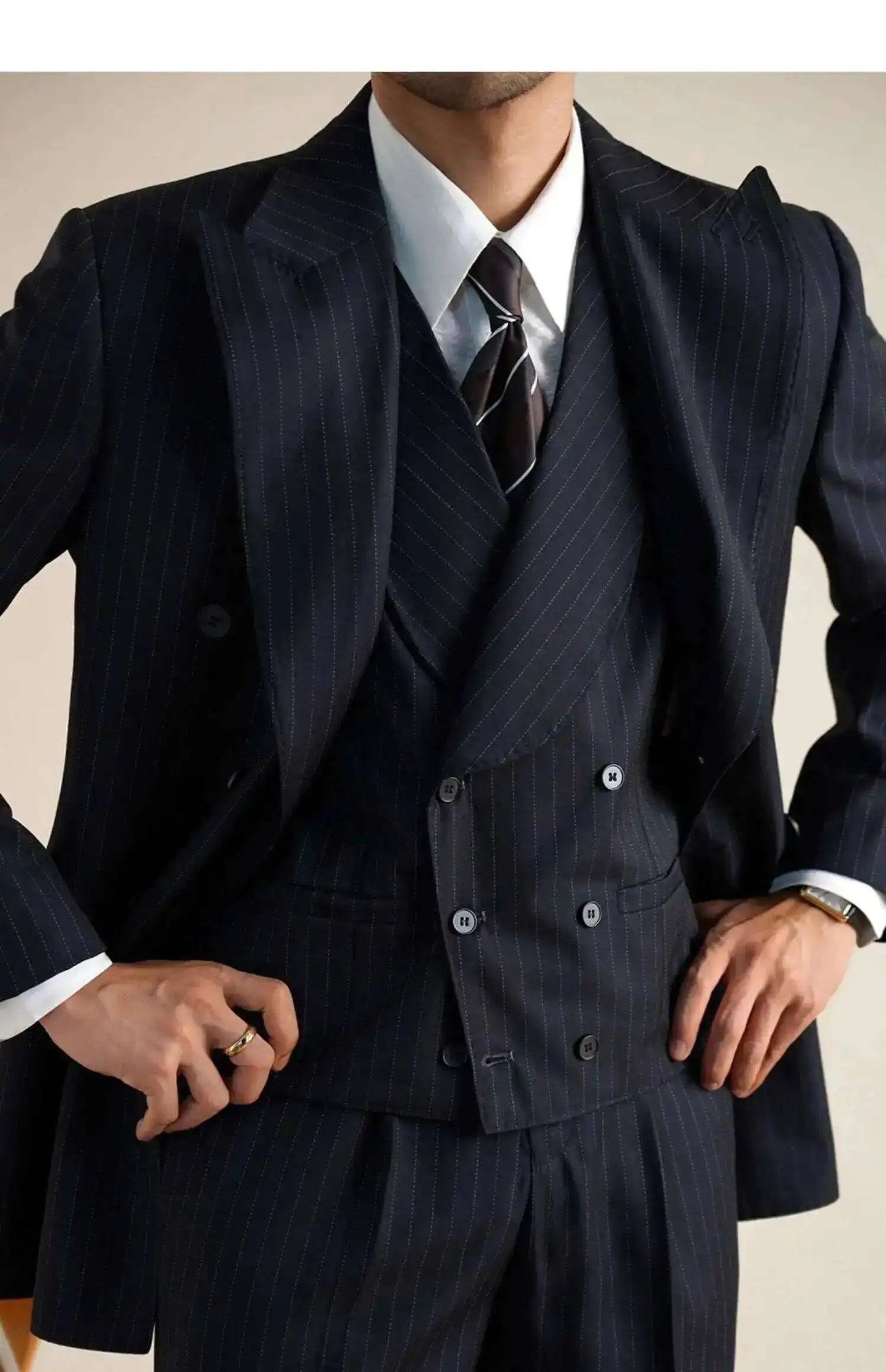 Wool Italian Blazers Suit For Men Business Double Breasted Wedding Tuxedo Suit Smoking Homme Mariage Striped Suit 3 Piece Homme