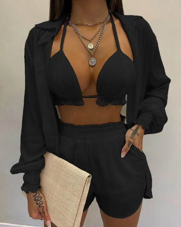 2024 New Bathing Suit Shorts Cover Up Summer Three Pieces Swimwear Sexy Beachwear High Waist Bikini Set Print Women's Swimsuit