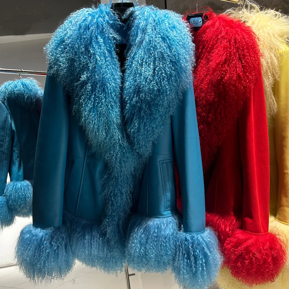 Black Suede Mongolian Sheep Fur Coat Women Fur Jacket with Long Sleeve New arrival Winter Real Fur Coat
