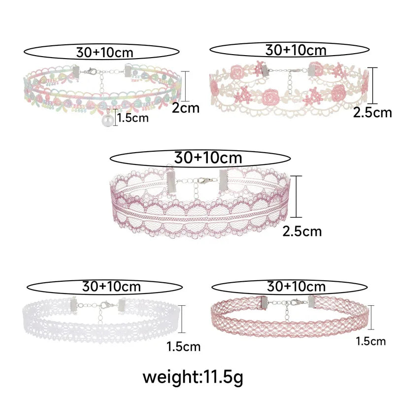 5 Pieces Sweet Pink Lace Choker Necklace Set for Women with Flower Pearl Dangle Clavicle Jewelry Accessories Gift for Girls