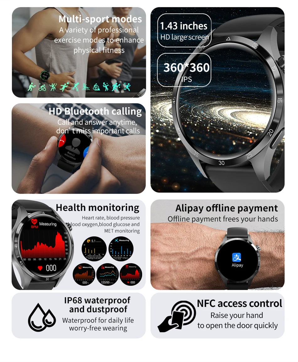 2025 New Men Watch 4 Pro 1.43 inch 360*360 AMOLED HD Screen Bluetooth Call Health Monitoring Men Watch Men For Android IOS clock