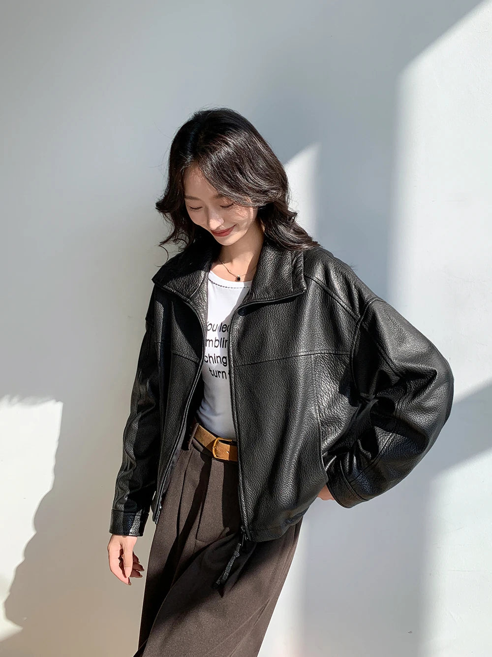 Vintage Genuine Leather Cropped Jackets for Women Spring Autumn 2025 New High-end Simple Stand Collar Bubble Real Sheepskin Coat