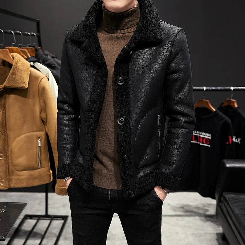 Winter Men's Warm Double sided Jackets Granular Wool Fashion Turn Down Collar Casual Outwear Coats Men Fleece Jacket Plus Size