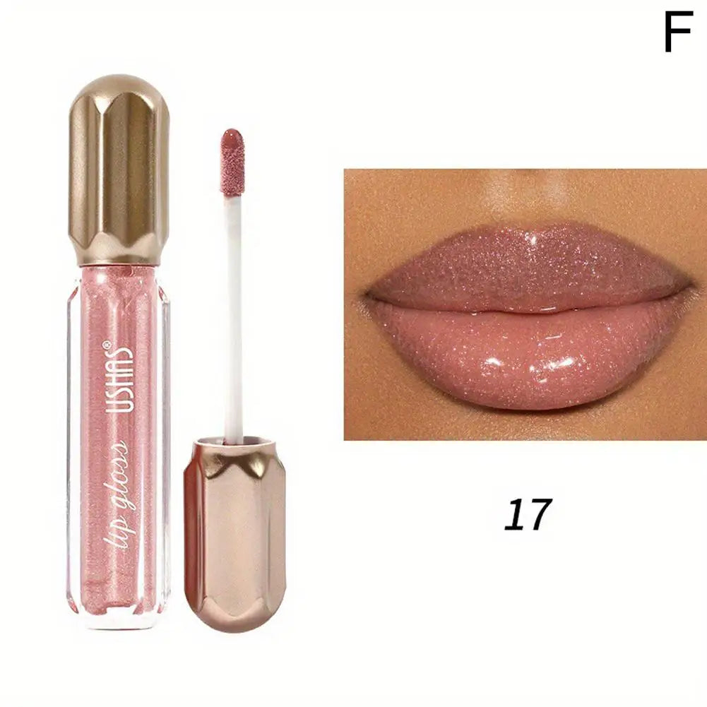USHAS Mirror Pearl Lip Gloss Waterproof Non Stick Cup Long Lasting Moisturizing Lipstick Shine Glitter Lip Glaze Lip Tint Makeup