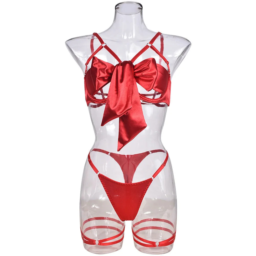 Lingerie's new hot selling European and American lingerie with exquisite bow and hollow out sexy three piece set with steel ring