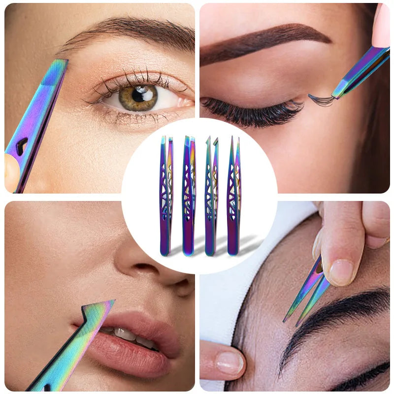 4pcs Precision Eyebrow Tweezers Set - Stainless Steel Tools for Brow Shaping, Beard Plucking & False Lash Application Eyebrow Gr