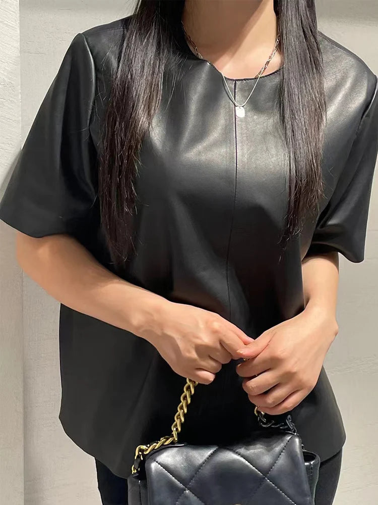 Genuine Leather Tops for Women 2025 Spring/Summer Short Straight Sleeve Round Neck Pullover Shirts & Blouses Thin Suede Blusas
