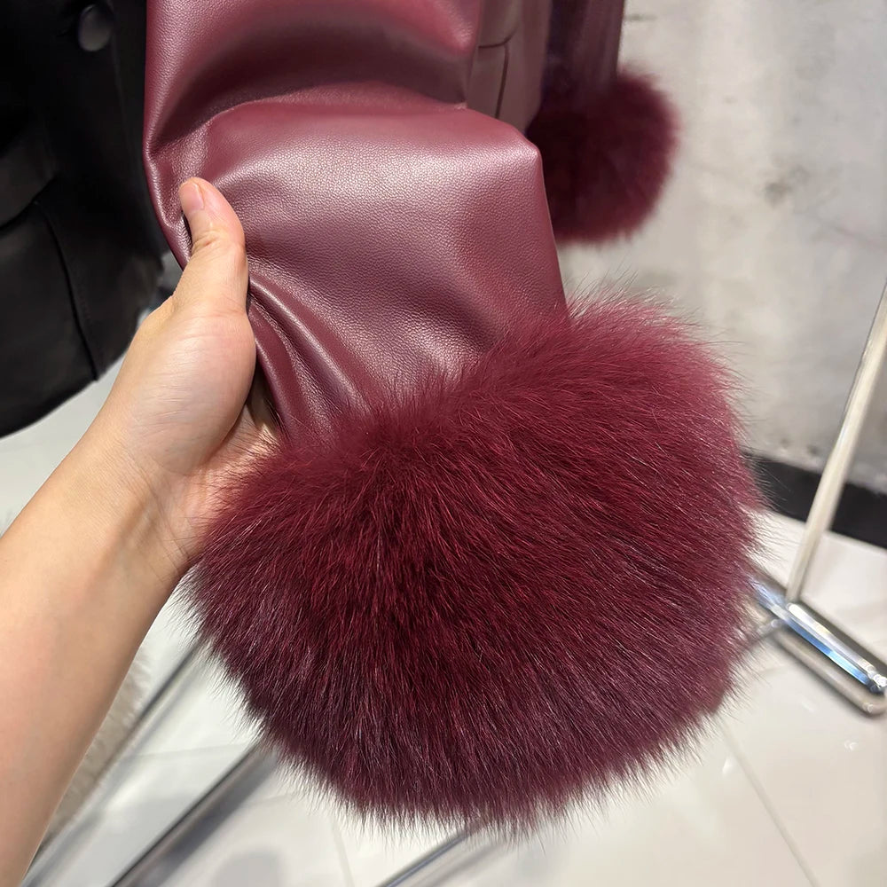 YOLOAgain Women's Mongolia Sheep Fur Collar Real Leather Jacket Single Breasted