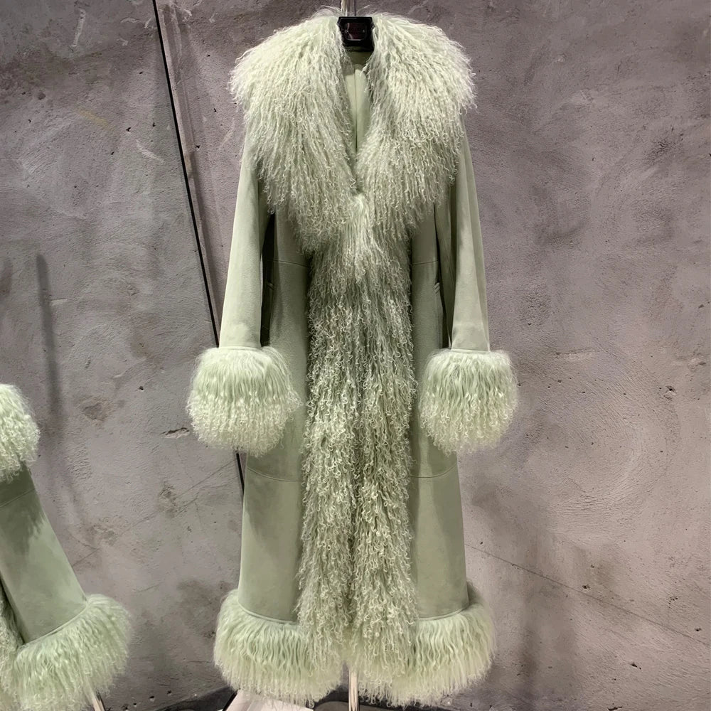 Suede Coat Fur Collar Women Autumn Genuine Sheepskin Coat Long with Mongfolian Fur Trim