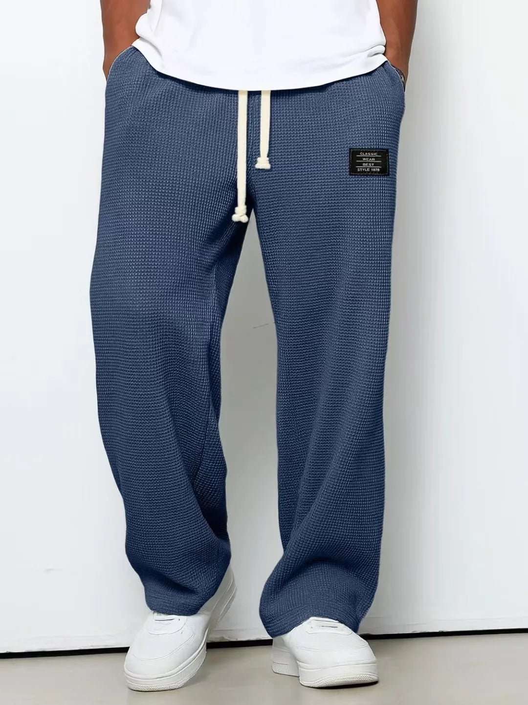 Men's spring-autumn trendy brand loose-fitting stretchy straight-leg sweatpants. Waffle fabric. Micro-bouncy sporty casual pants