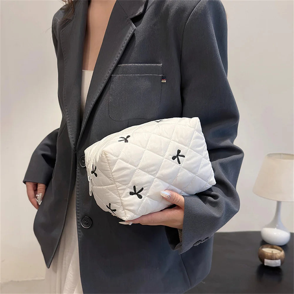 Ladies' Bow Makeup Bag for Women Embroidered Bowknot Travel Cosmetic Bags Large Capacity Handheld Makeup Toiletry Storage Bag