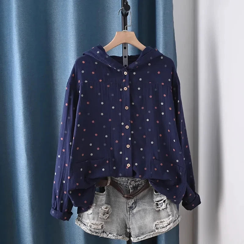 2025 Middle-aged women's clothing 100% cotton yarn hoodies polka dot print shirts long sleeve blouses for women hooded tops