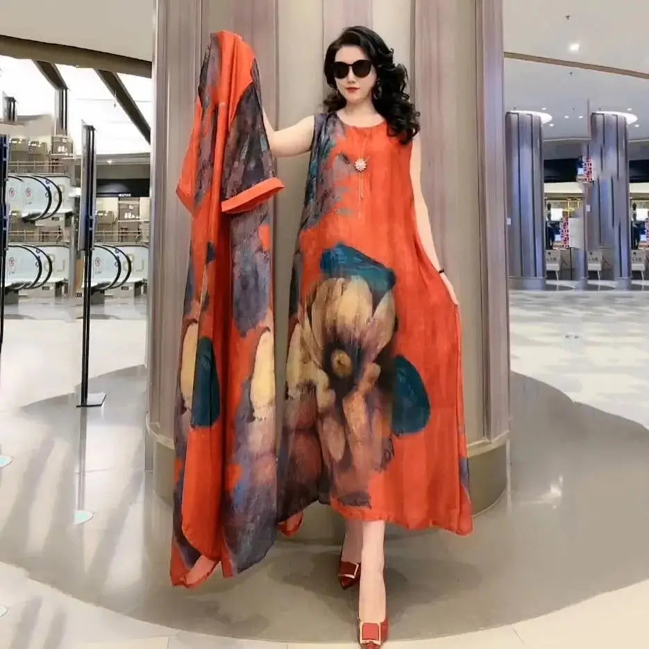 High Atmospheric Elegant Silk Dress Two-piece set 2024 Summer New Westernized Mulberry Silk Large Size Temperament Long Set Skir