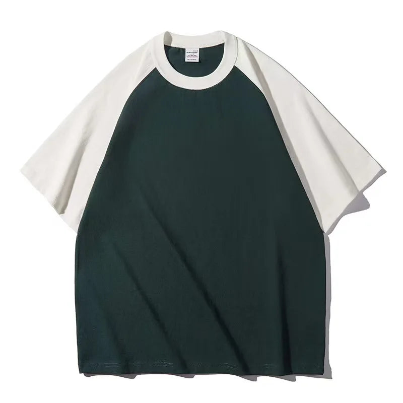 Mens 100% Heavy Cotton T-Shirt 300gsm Oversized Casual Stitching Color Tee Round Neck Loose Fit Knitted Tops Fashion Streetwear