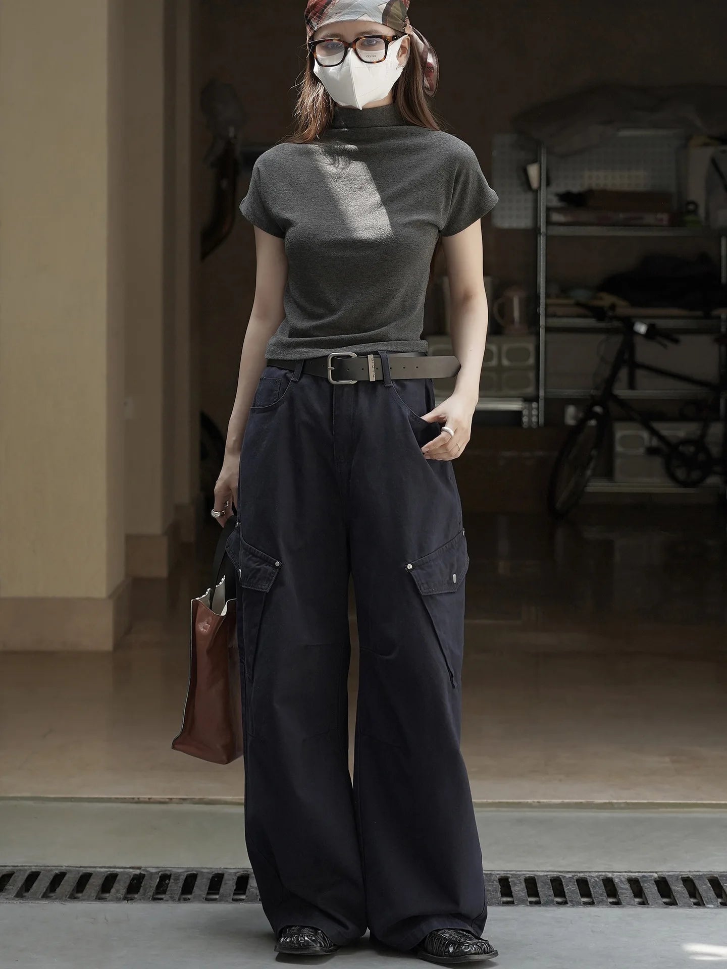 Retro and trendy waistband, workwear, large pocket, casual pants, three-dimensional and stylish pants for women
