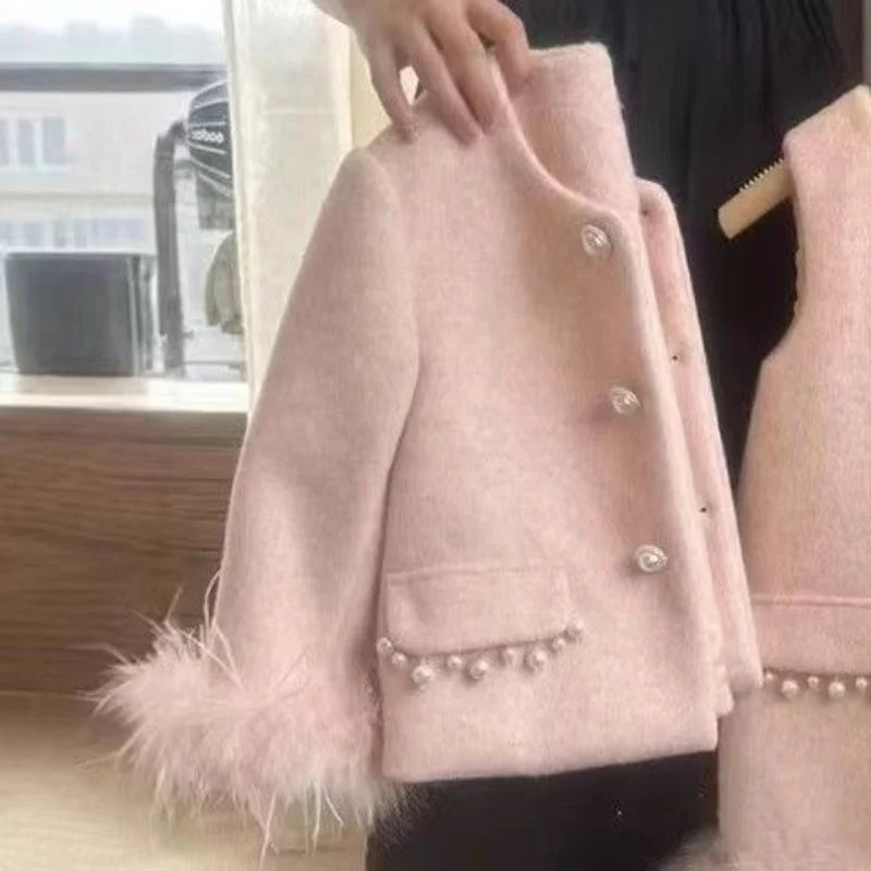 Girls' Korean Children's Clothing Woolen Suit 2025 Winter New Style Western-style High-end Children's Coat Vest Two-piece Set
