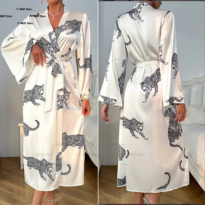 Wedding Party Dress Fashion Printed Robe Women's Clothing Loose Silk Satin Sleepwear Night Gowns Long Sleeve Ladies Bathrobe