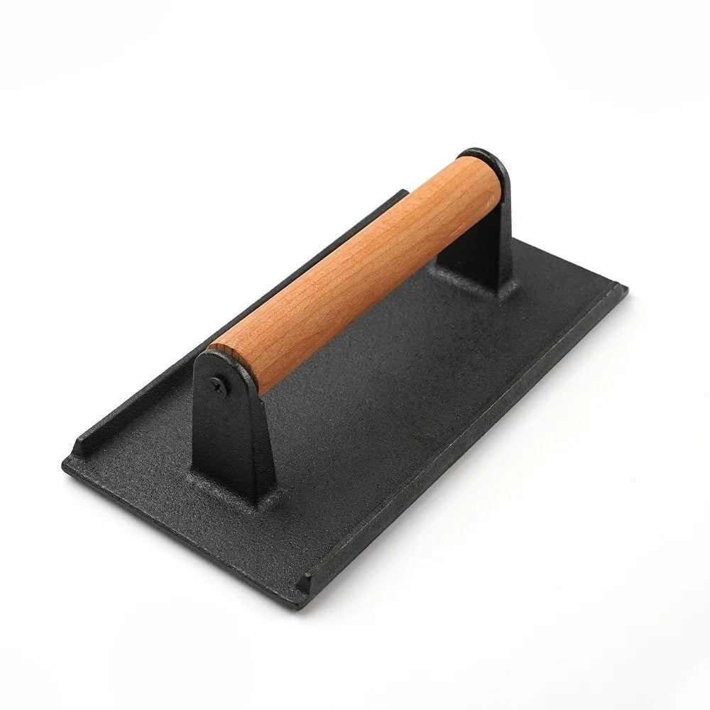 Cast Iron Meat Press Board Heavy-Duty Flat Top Steak Burger Press Wooden Handle Round Rectangular Grill Hamburger Grinder