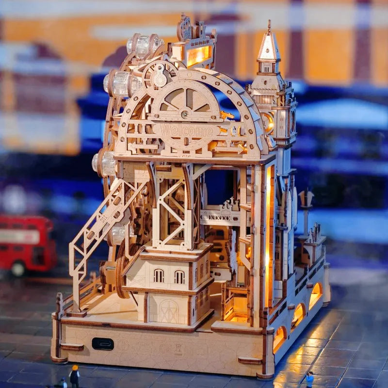 3D Wooden Puzzle Marble Run Building Kit London City Model with Lights Mechanical DIY Landmark Puzzle for Adults Teens