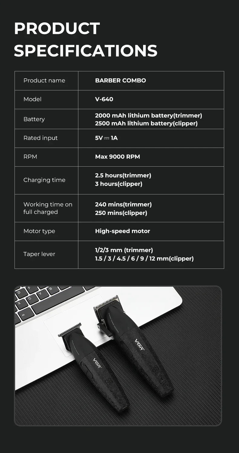 VGR Hair Trimmer Professional Clipper Cordless Barber 9000 RPM Rechargeable Hair Cutting Machine Metal Trimmer for Men V-640