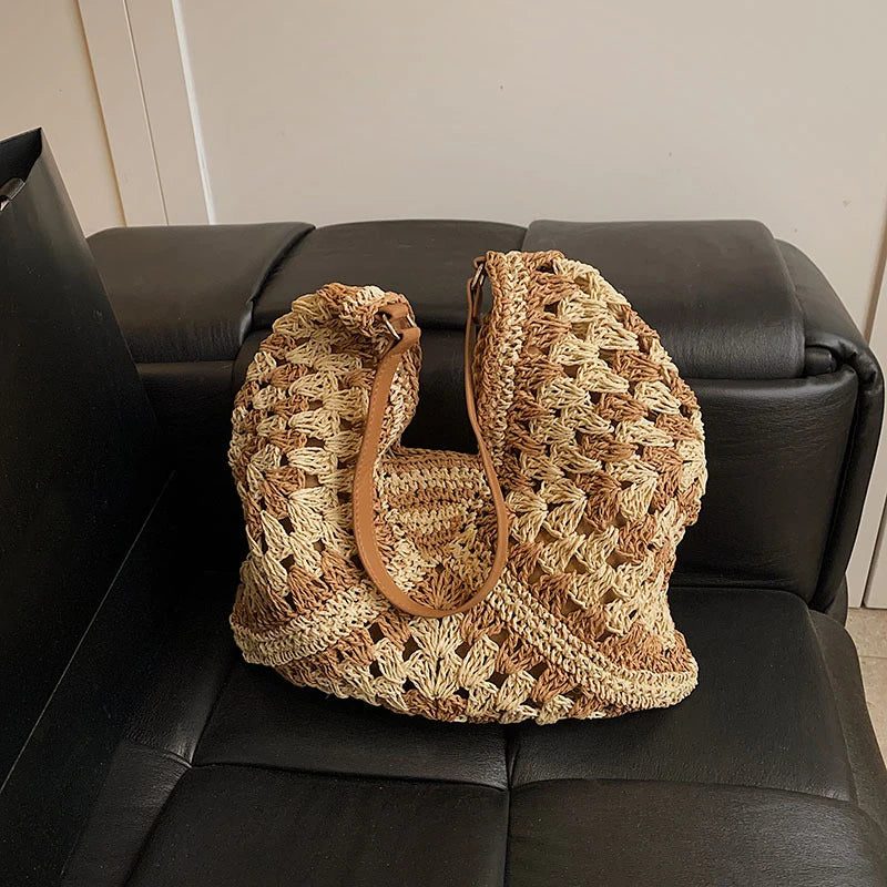 Women Weaving Clutches Top-handle Bag Large  Portable Shoulder Bag Summer Beach Purses Shopper Satchel Female Tote Bags