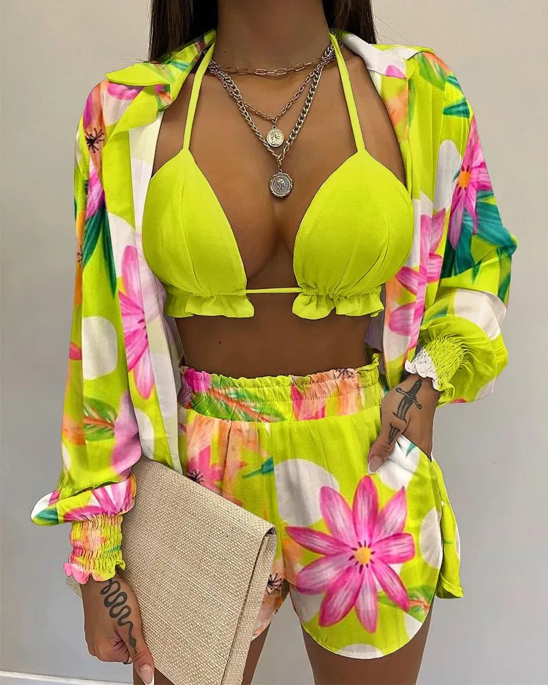 2024 New Bathing Suit Shorts Cover Up Summer Three Pieces Swimwear Sexy Beachwear High Waist Bikini Set Print Women's Swimsuit