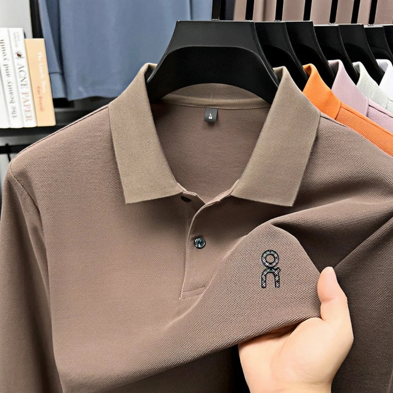 100% pure cotton polo shirt long sleeved men's brand fashionable embossed T-shirt sports breathable spring autumn casual new top
